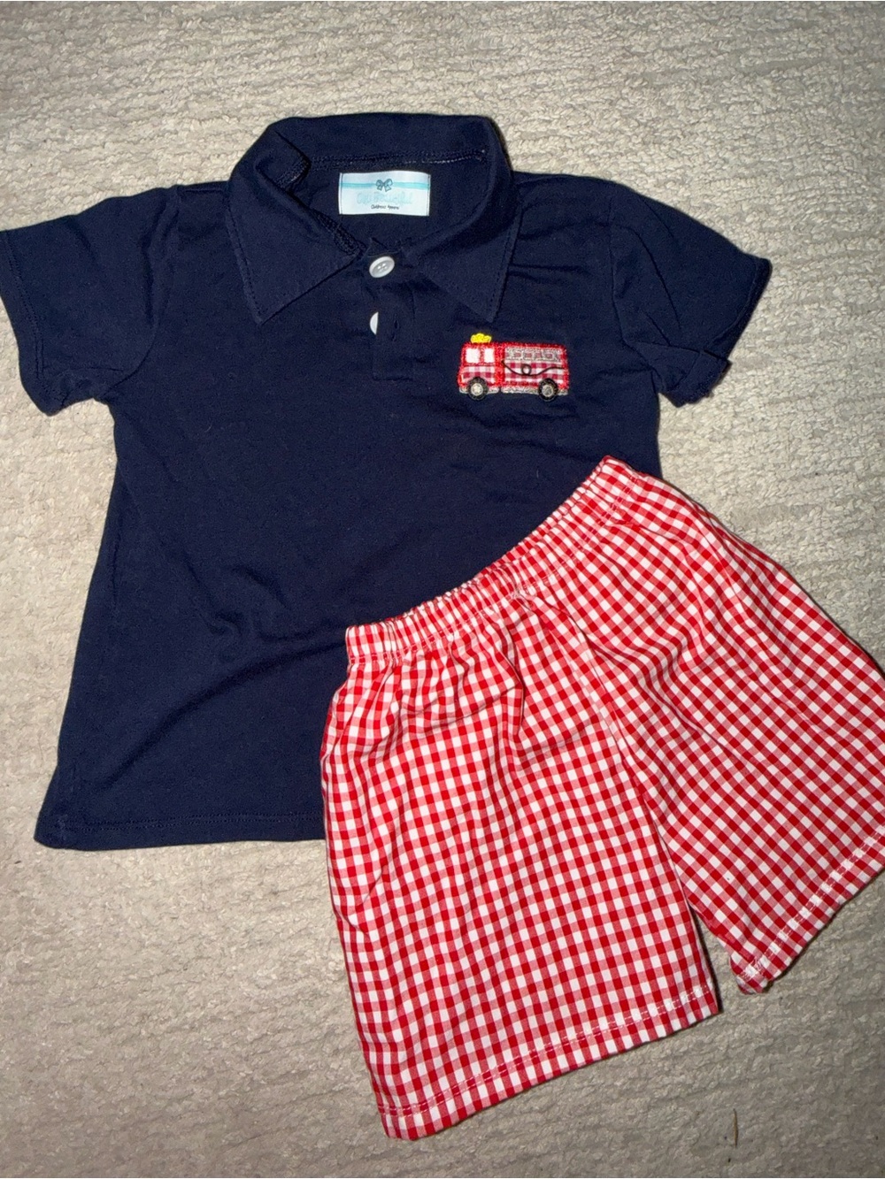 Navy Polo Top with Red Gingham Shorts - Kids Matching Set